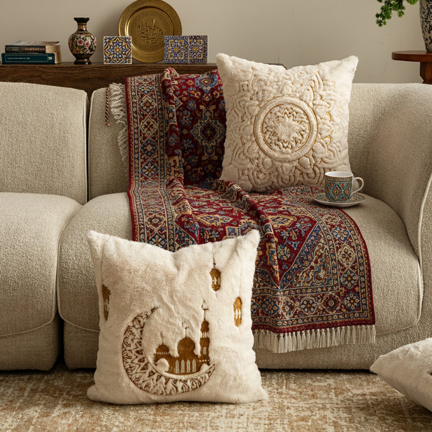 Tissu Bay Fenêtre Décor En peluche Canapé Jetez couvertures oreillers et housses de coussin