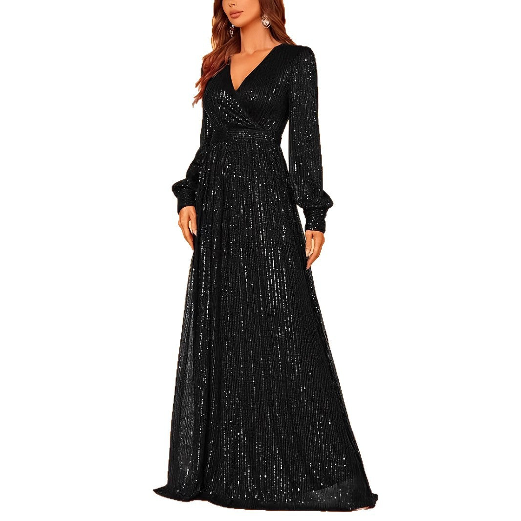 Élégant dîner à manches longues à paillettes Col V Robe de soirée haute taille