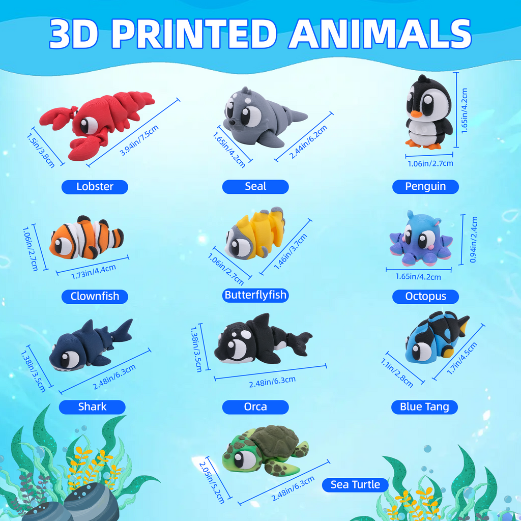 10PCS 3D imprimé Mini jeu de figurines d'animaux d'océan