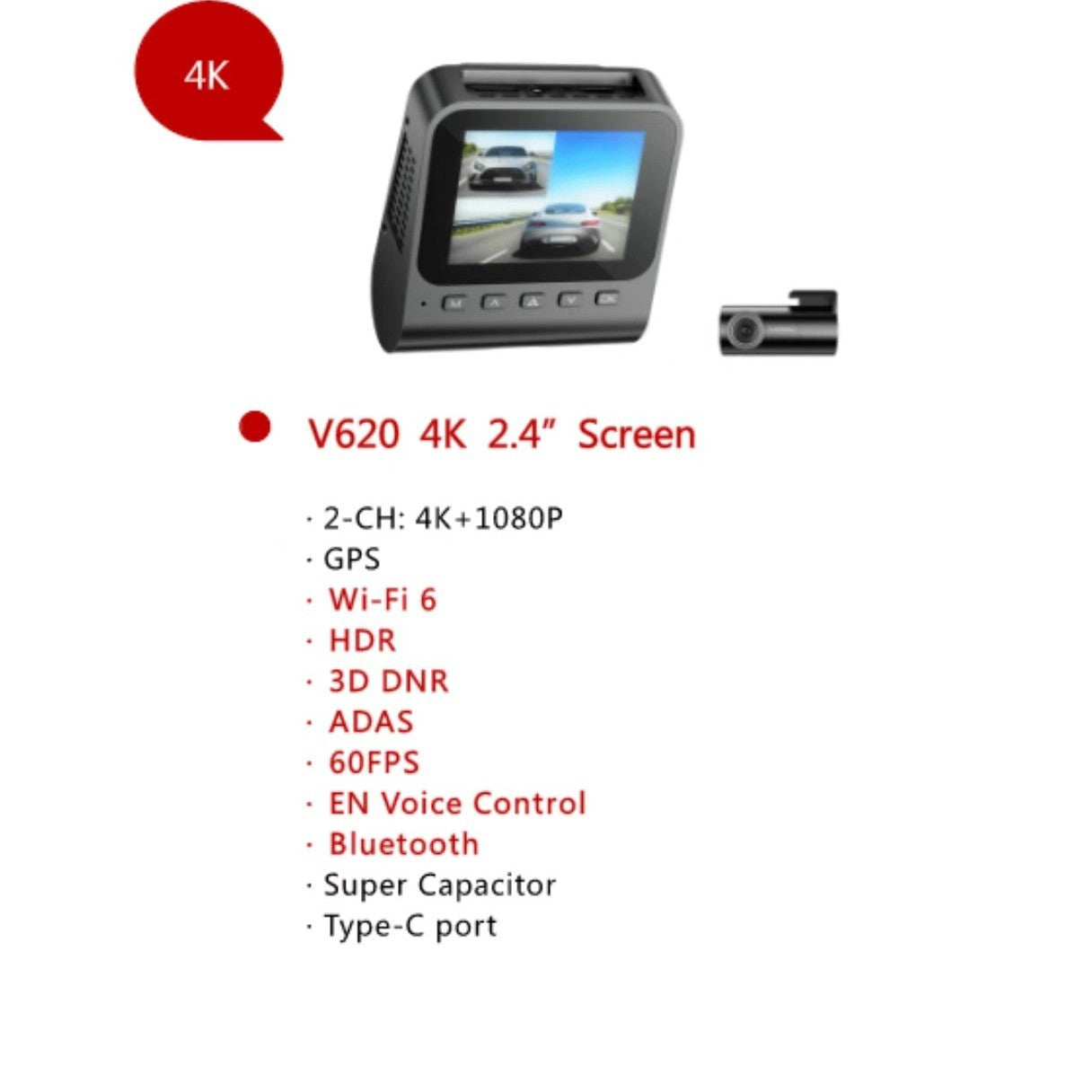 Dual-Lens Dash Cam V620 vision nocturne grand angle 4K