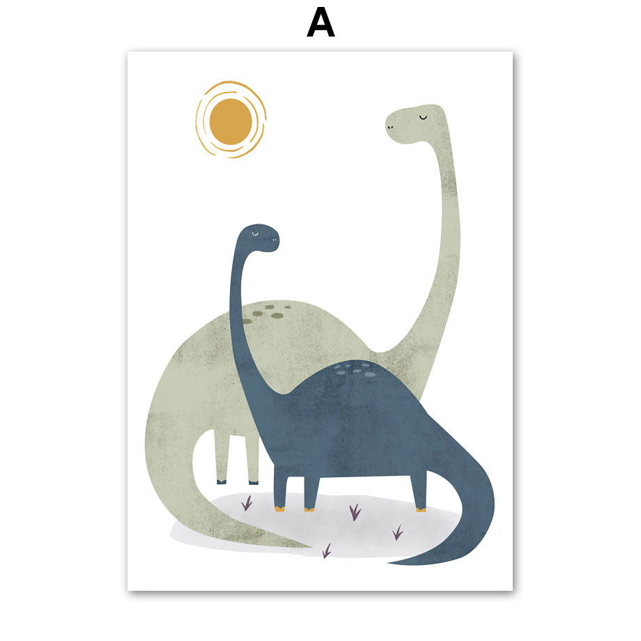 Cute Cartoon Dinosaur Palm Tree Mountain Sun Affiche scandinave et papier toile d'art murale