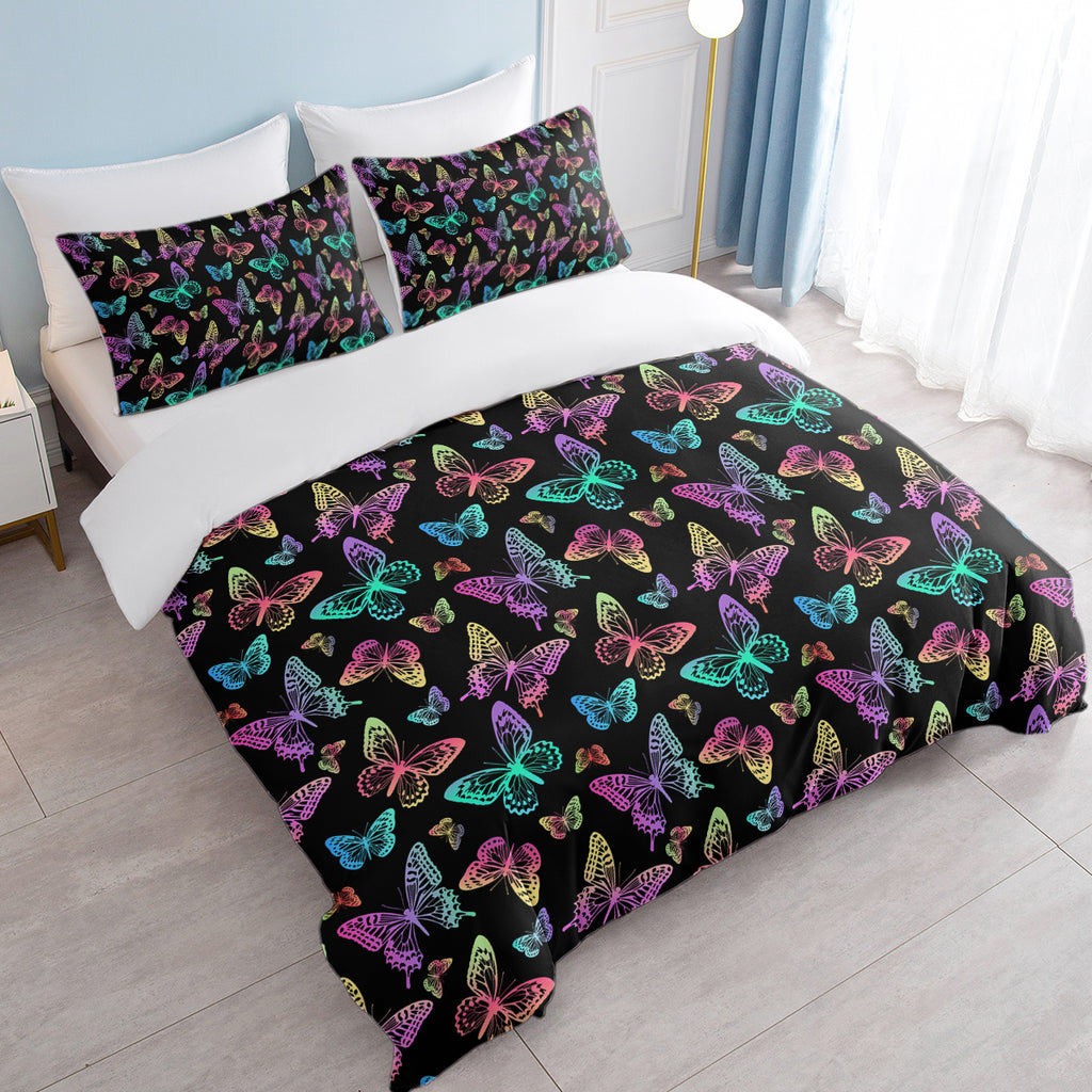 Neon Butterfly Printed Duvet Cover Set - Colorful Microfiber Bedding