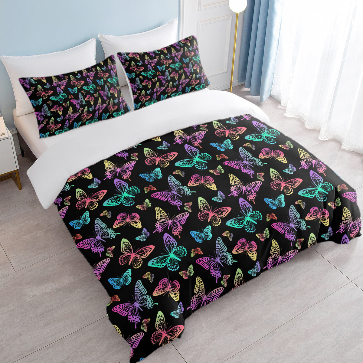 Neon Butterfly Printed Duvet Cover Set - Colorful Microfiber Bedding