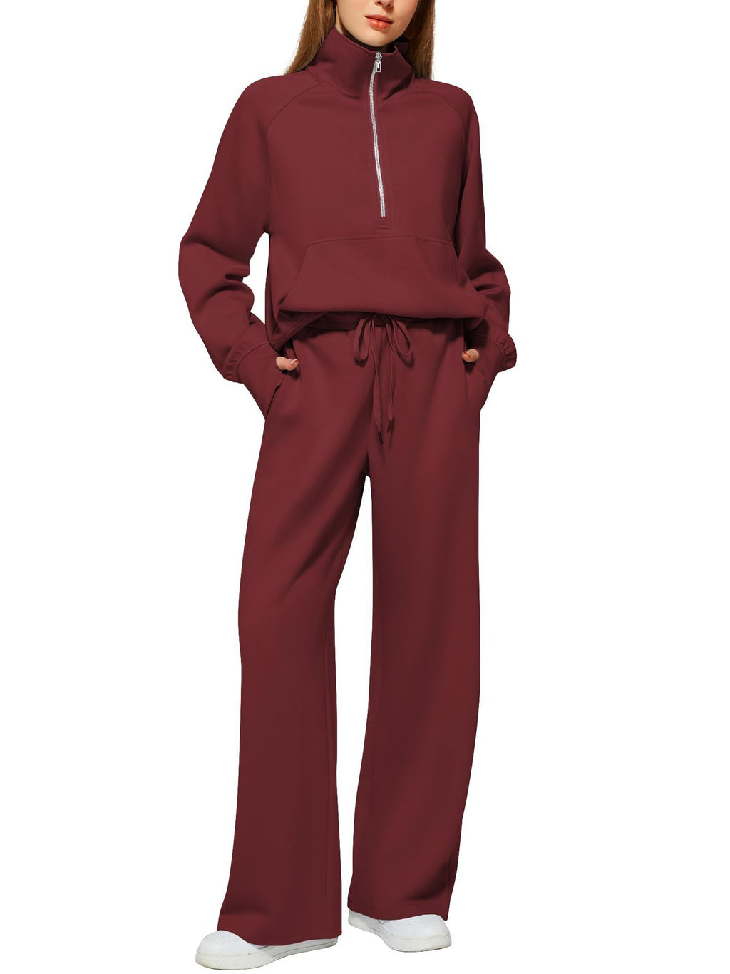 European and American Amazon Women's Two Piece Set Sweatshirt surdimensionné demi-zip Wide-Leg