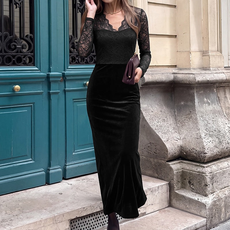 Robe élégante en velours et en dentelle pour femmes