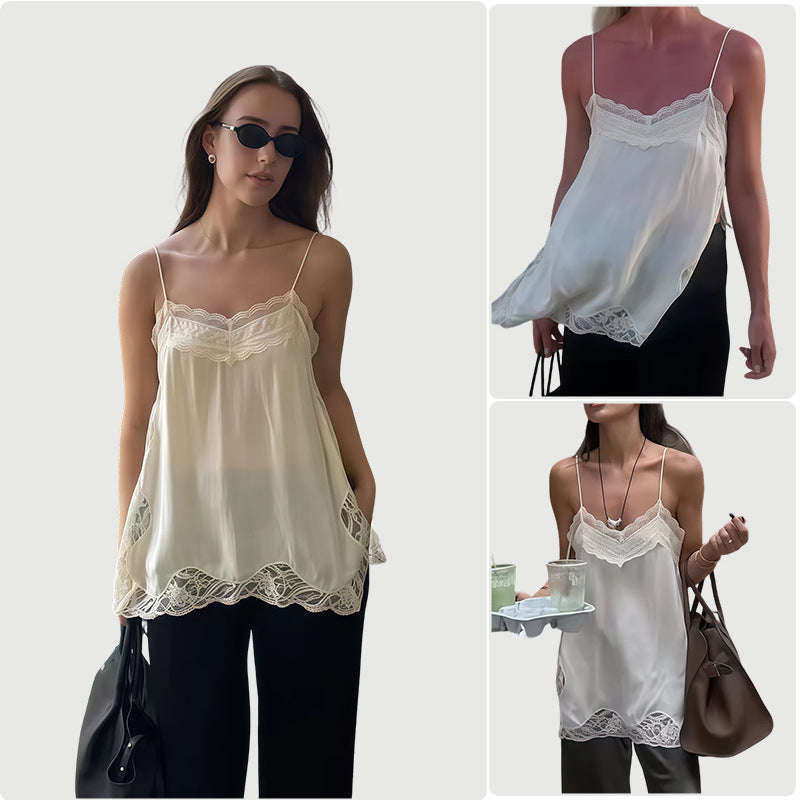 Camisole de style français avec plateau en dentelle et haut de tissu Sheer