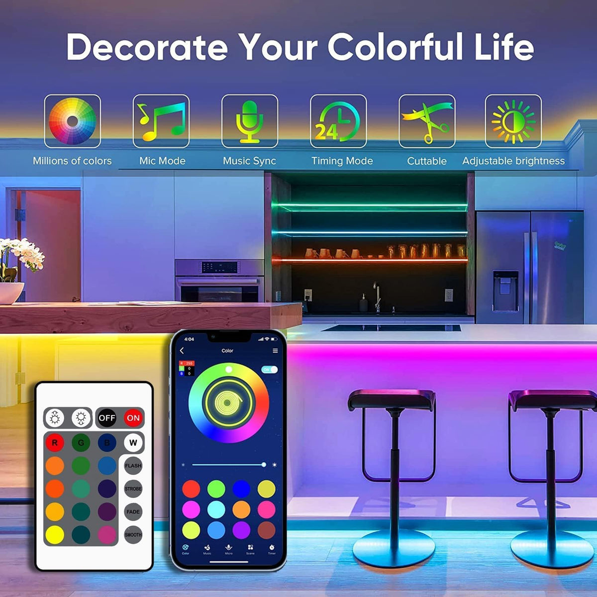 (20 mètres)Smart Bluetooth LED Strip Light Kit - Éclairage flexible multi-couleurs avec USB Co