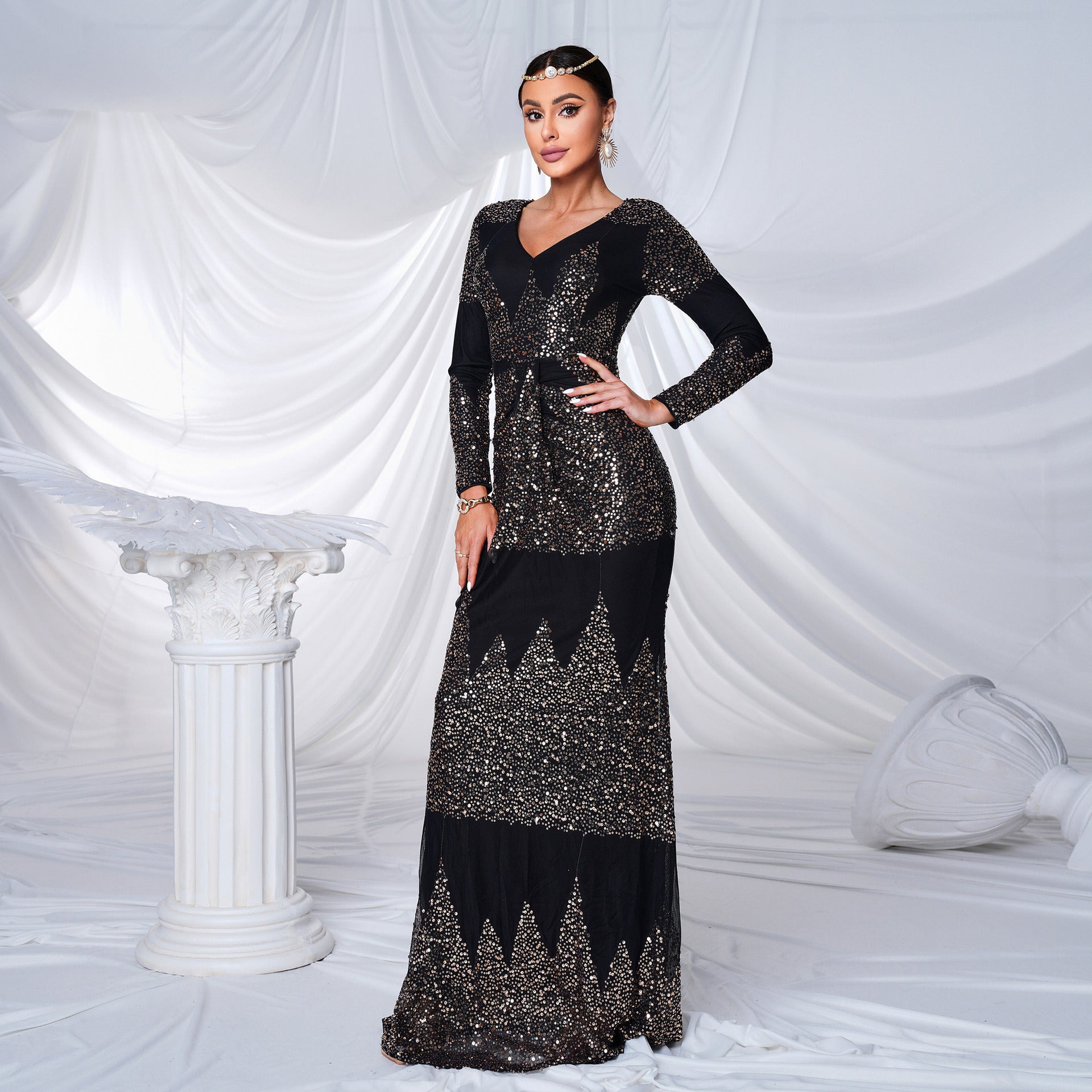 Manches longues col V Sexy Slim-fit Long Sequined Banquet Robe de soirée