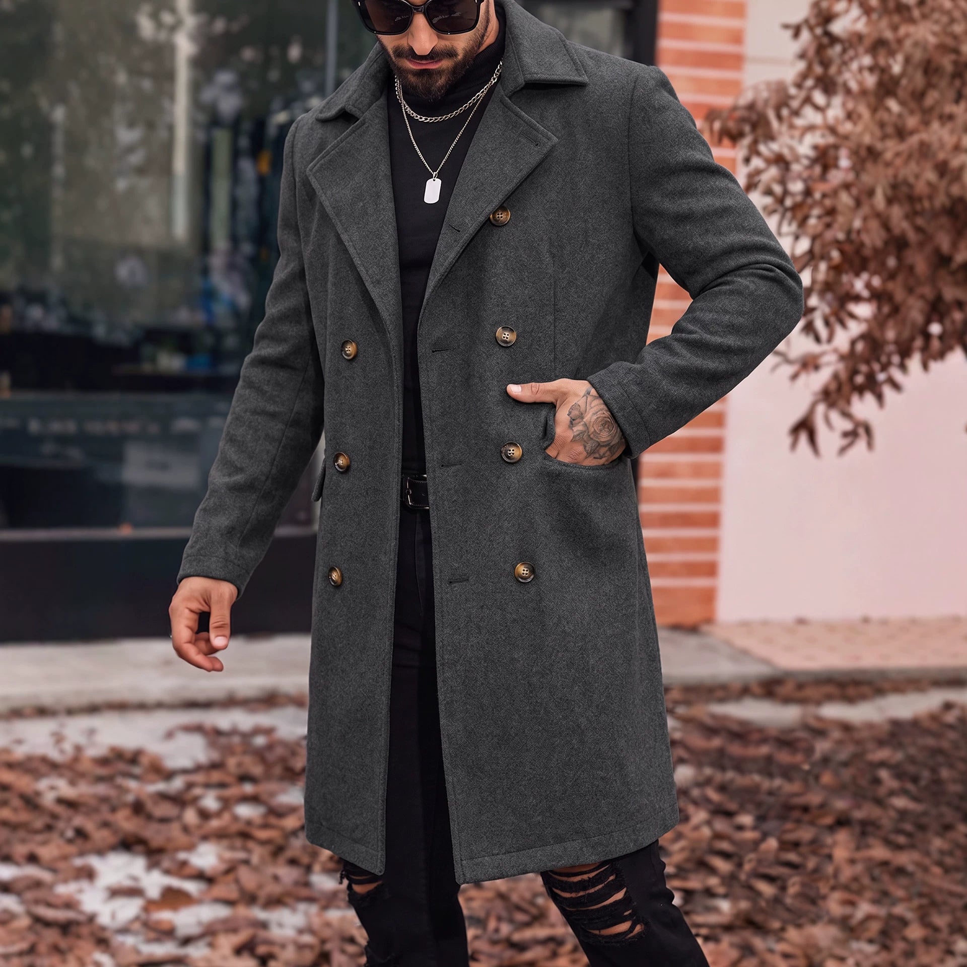 Manteau de tranchée de longueur moyenne en laine pour hommes
