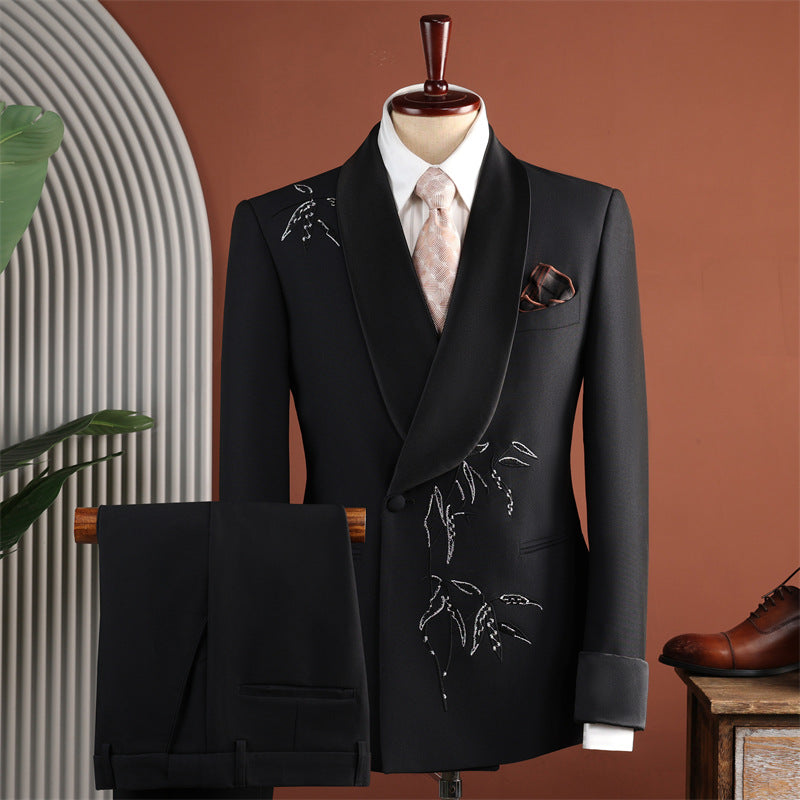 Hommes Châle noir Lapel Bamboo brodé Tuxedo ensemble deux pièces