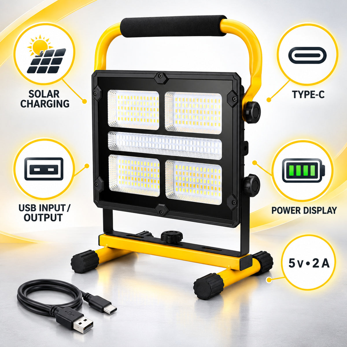 Affichage de batterie rechargeable alimenté par le solaire Type C LED Lumière de déluge W878 3 4 heures