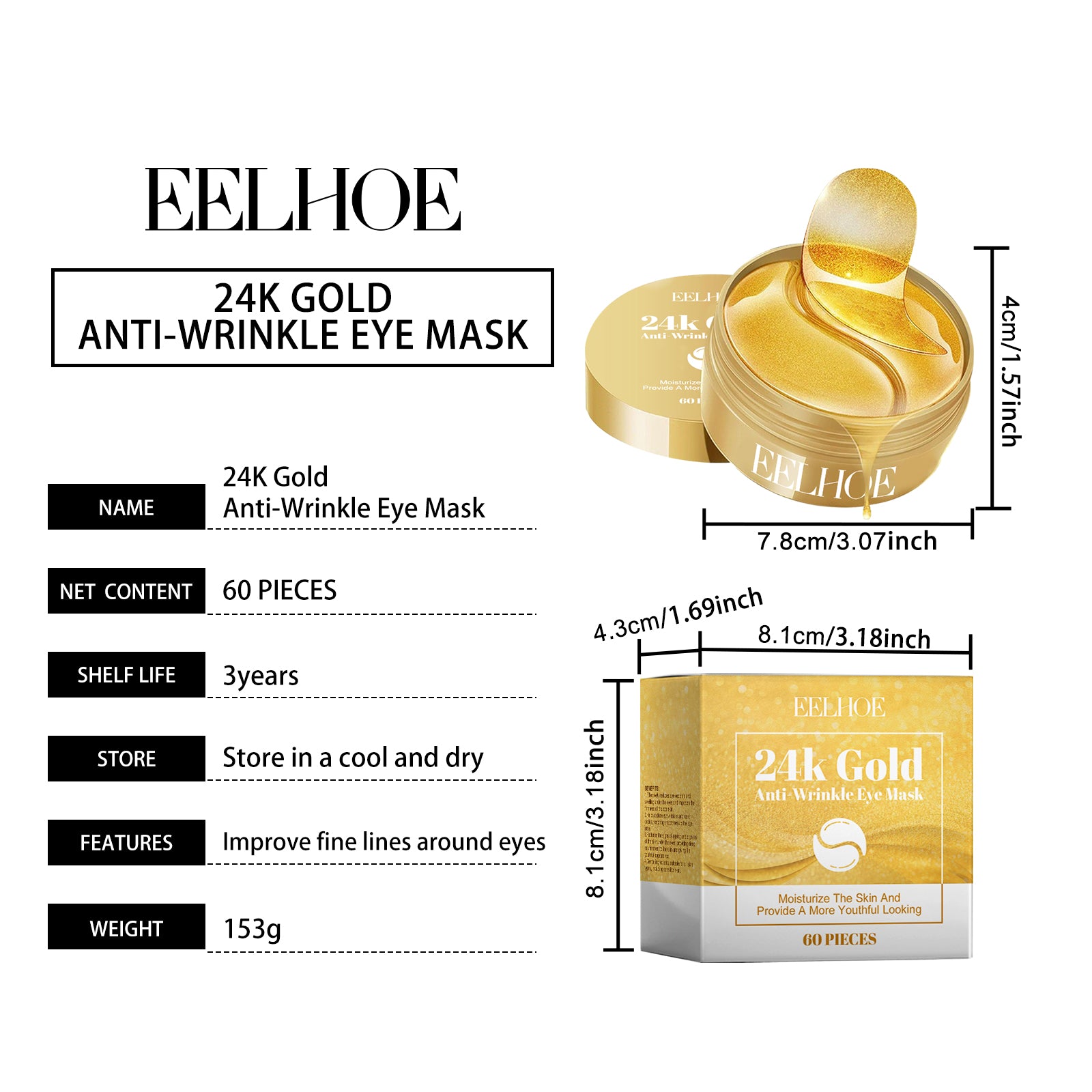 Masque à yeux dorés 24K 60pcs 1 boîte