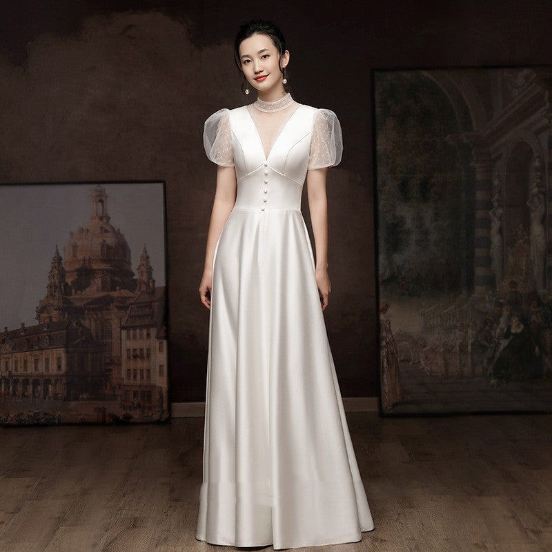 Fiançailles blanches Robe de mariée Femme Français Satin Robe de mariée légère
