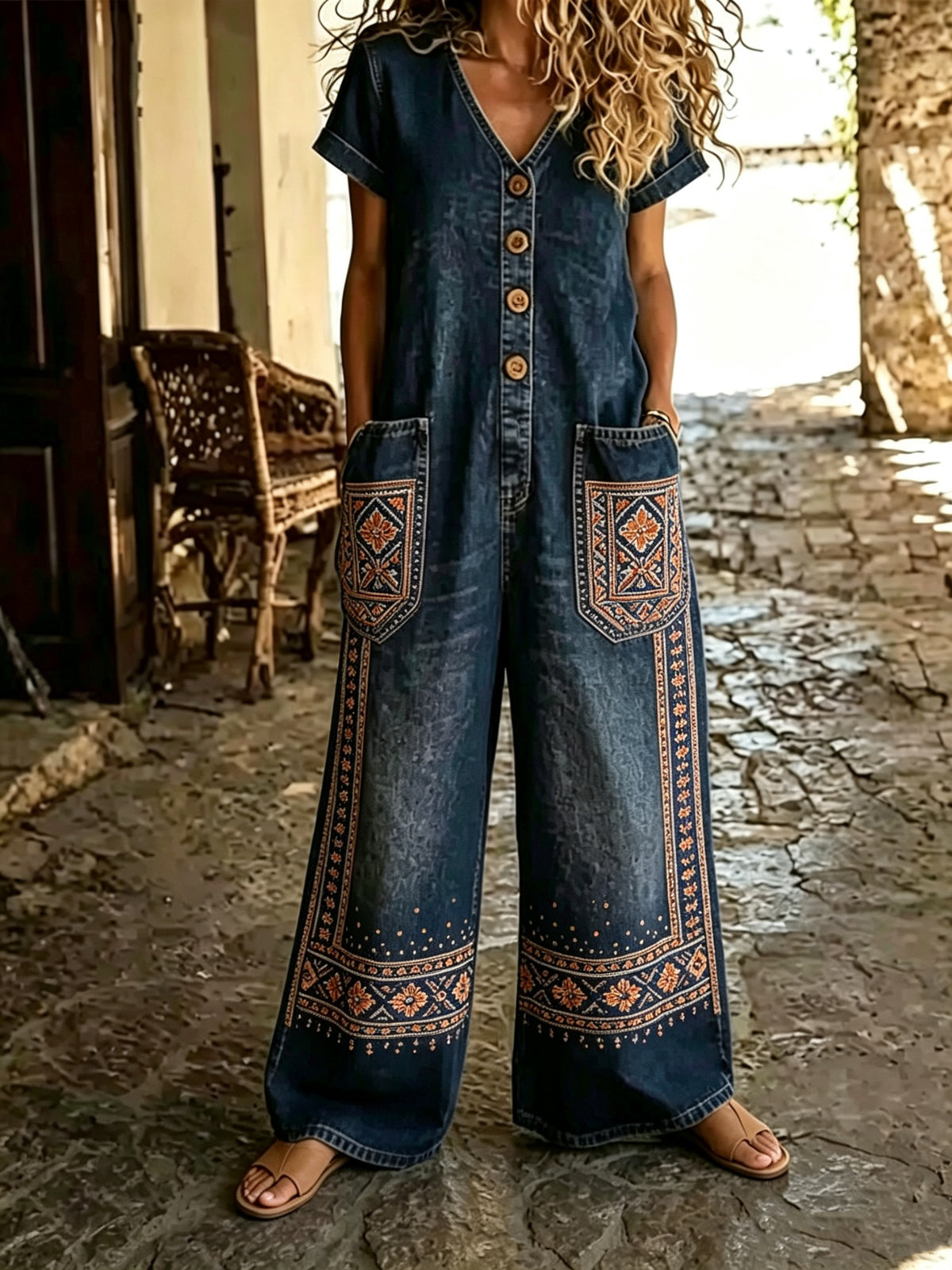 Buttoned Pockets Comfortable Short Sleeves One-piece Jumpsuit