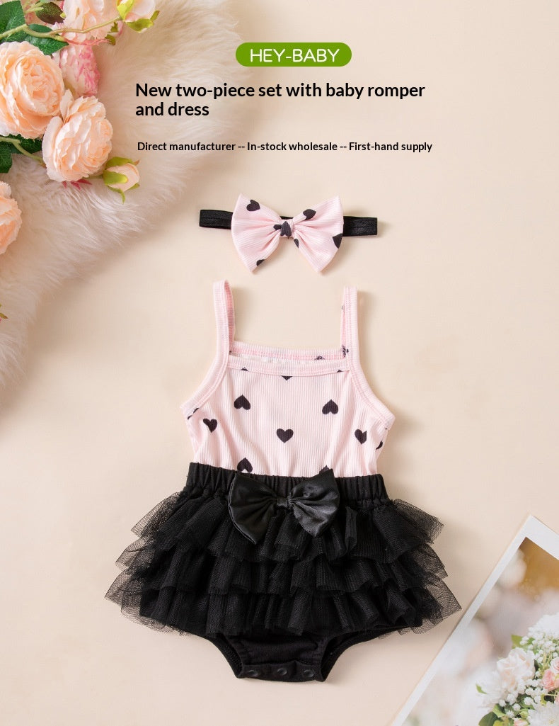 Style coréen Baby Outfit Rose et Noir Contraste Cœur bracelet côtelé Romper