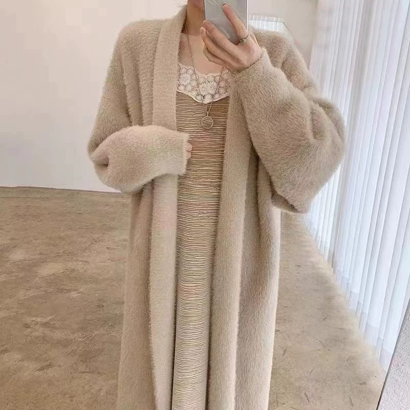 Épaisseur Mink-faux fourrure sur la cheville Long tricot Cardigan manteau