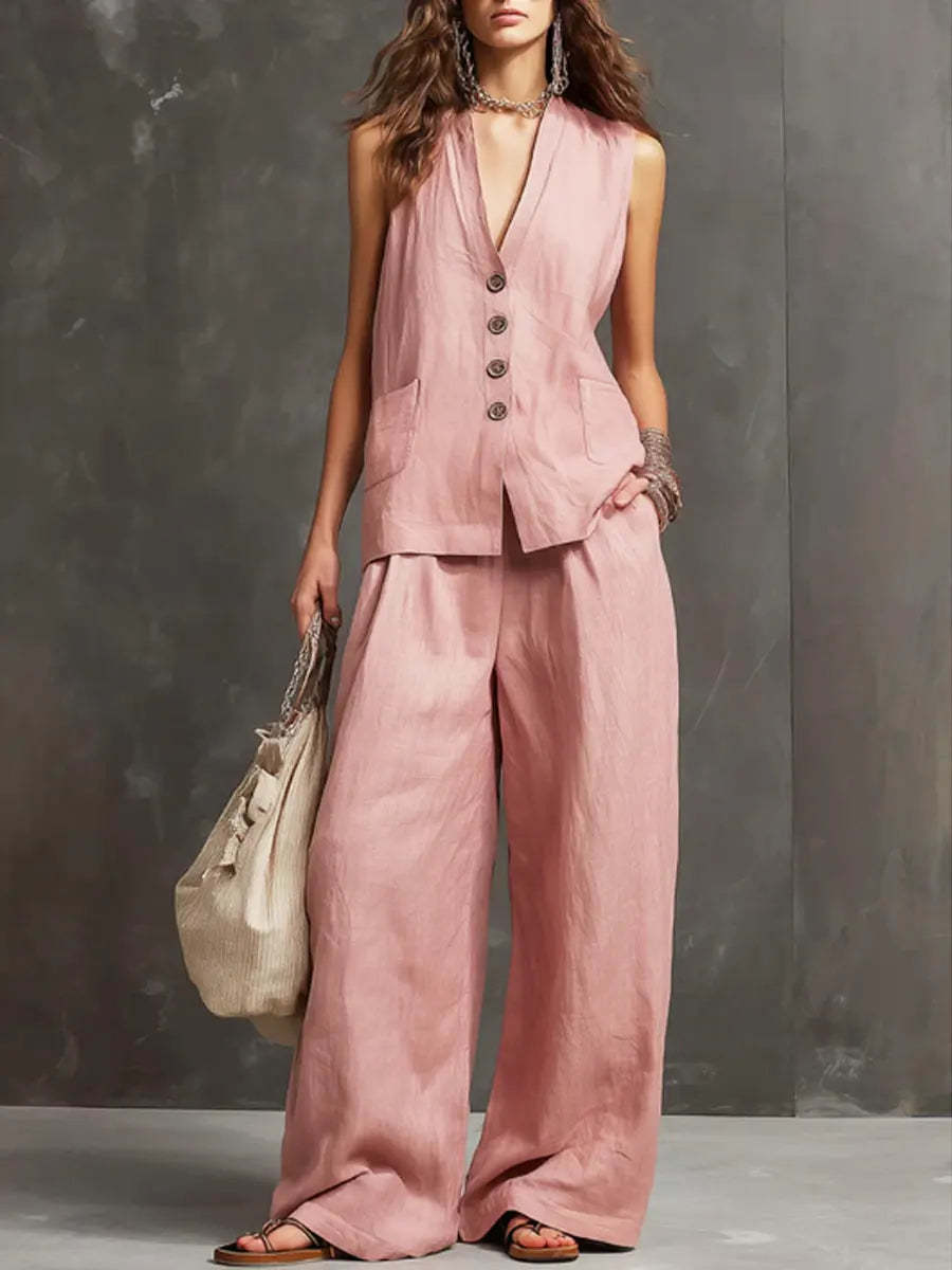 Arrivée Women S Set Veste sans manches et pantalons à jambes larges Ensemble de deux pièces en coton