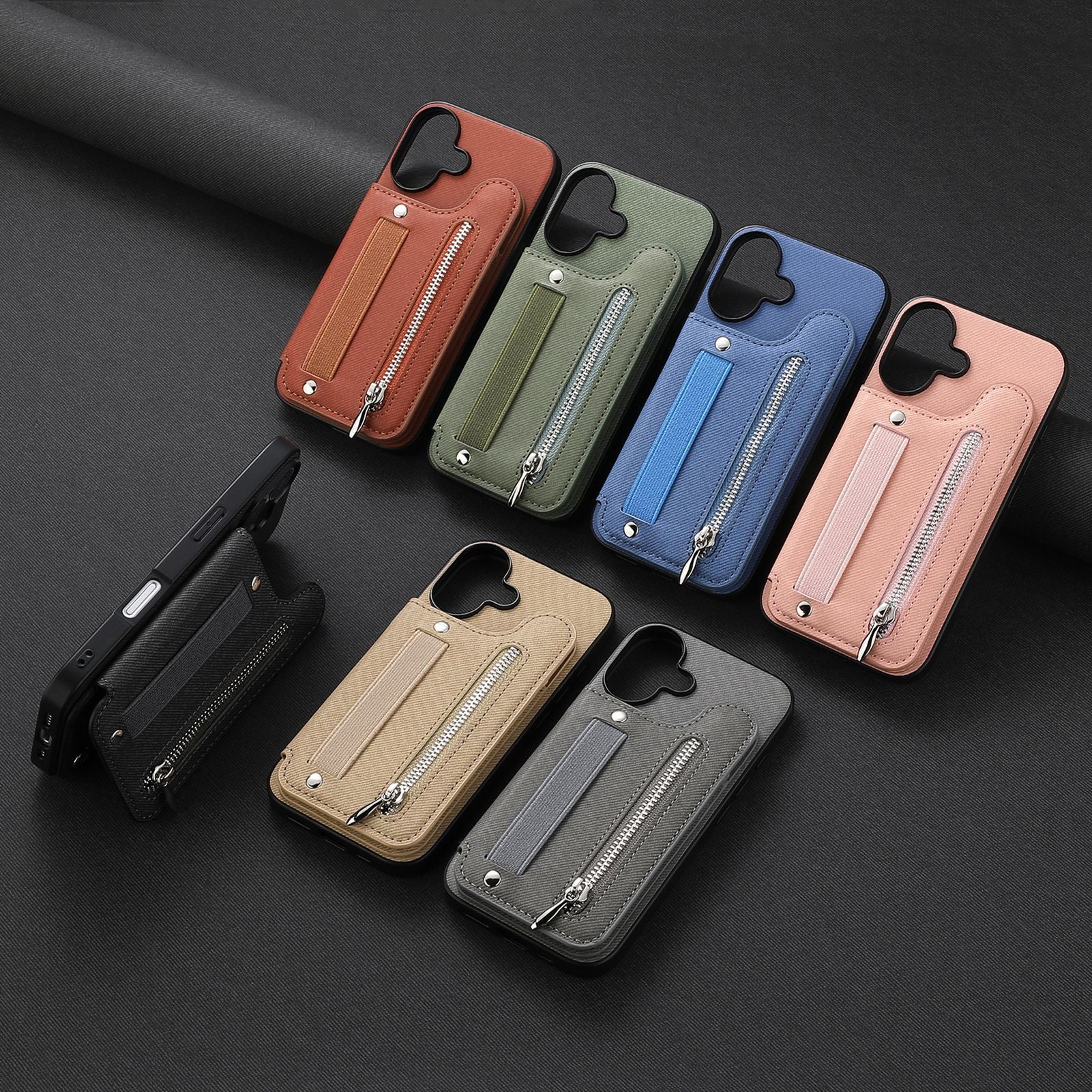 Etui de téléphone en cuir avec support et fermeture éclair