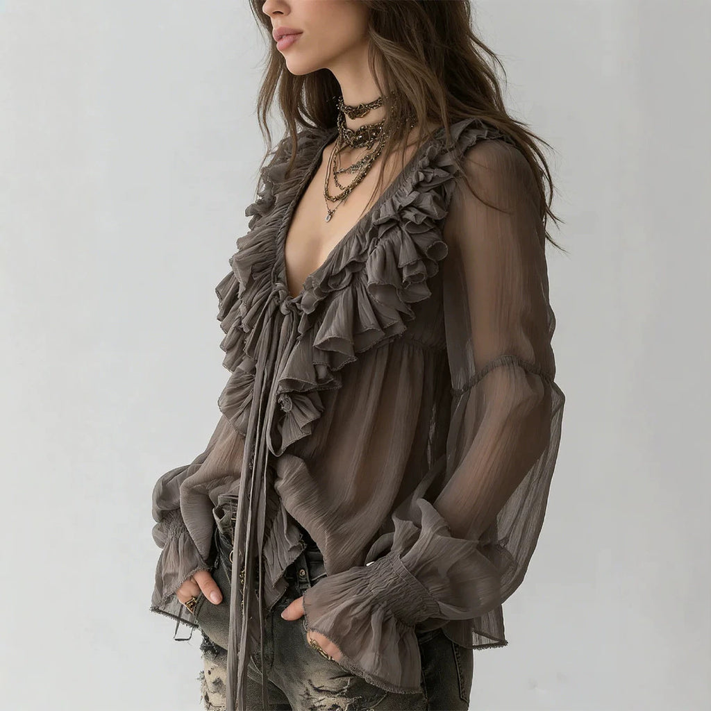 Blouse en dentelle à manches longues à col V gris-Brown pour femmes