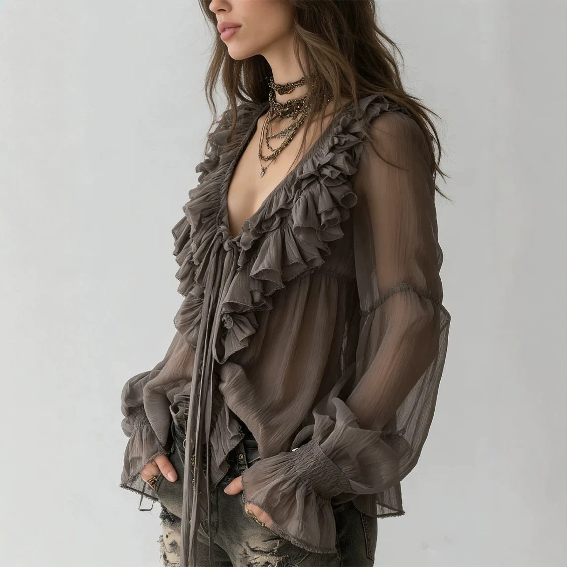 Blouse en dentelle à manches longues à col V gris-Brown pour femmes