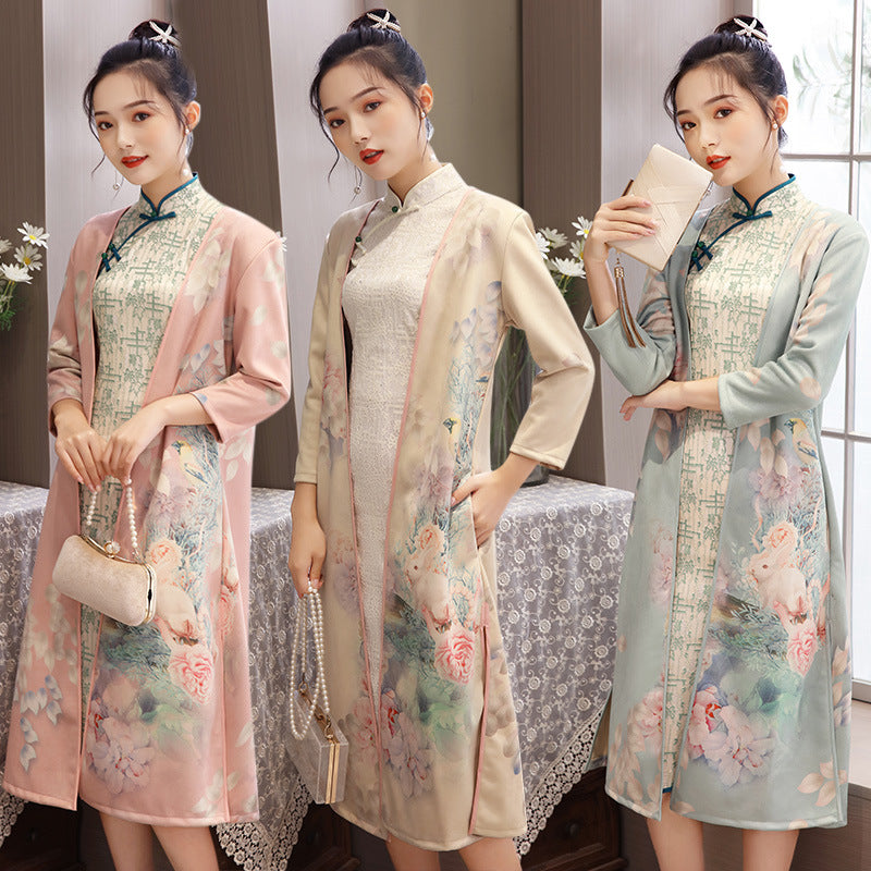 Cheongsam de longueur moyenne femme avec suède et robe Aodai