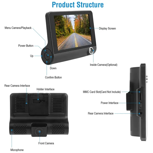 1296P Voiture DVR Dash Camera 4En 3 Lens Vehicle Drive Recorder Enregistrement sans couture