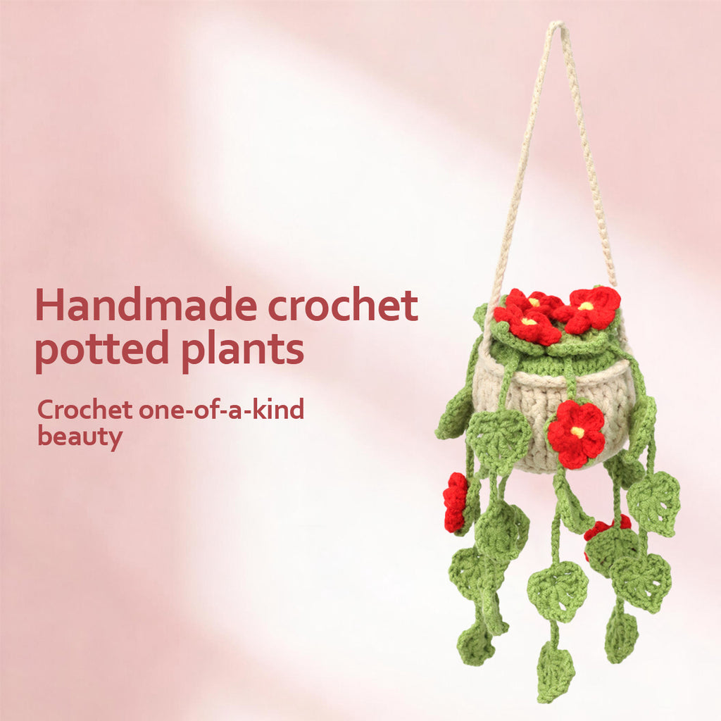 Crochet à la main suspendu ornement Pot avec trailing brillant rouge Blossoms et feuille verte