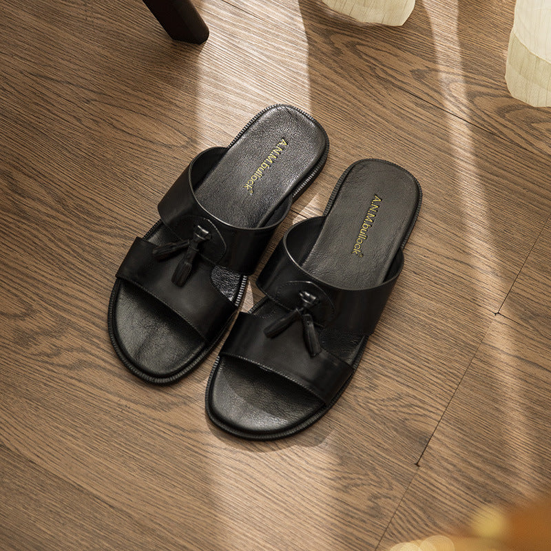 Pantoufles en cuir véritable pour hommes fabriquées à partir de cuir de vache à grains entiers