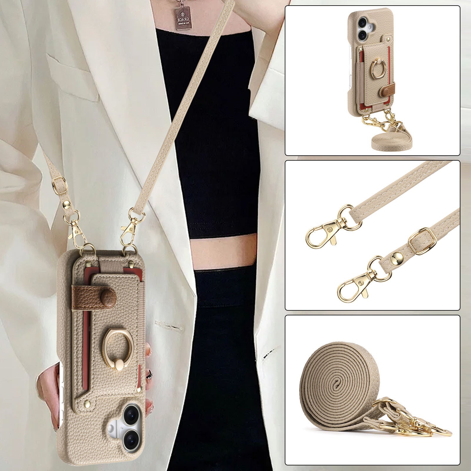 Long Crossbody Lanyard en cuir avec des fentes de carte pour le stockage