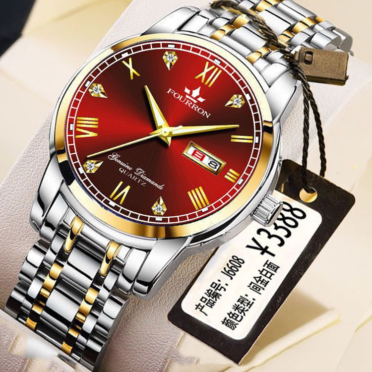 Double calendrier lumineux Quartz acier inoxydable Imperméable montre homme avec montre