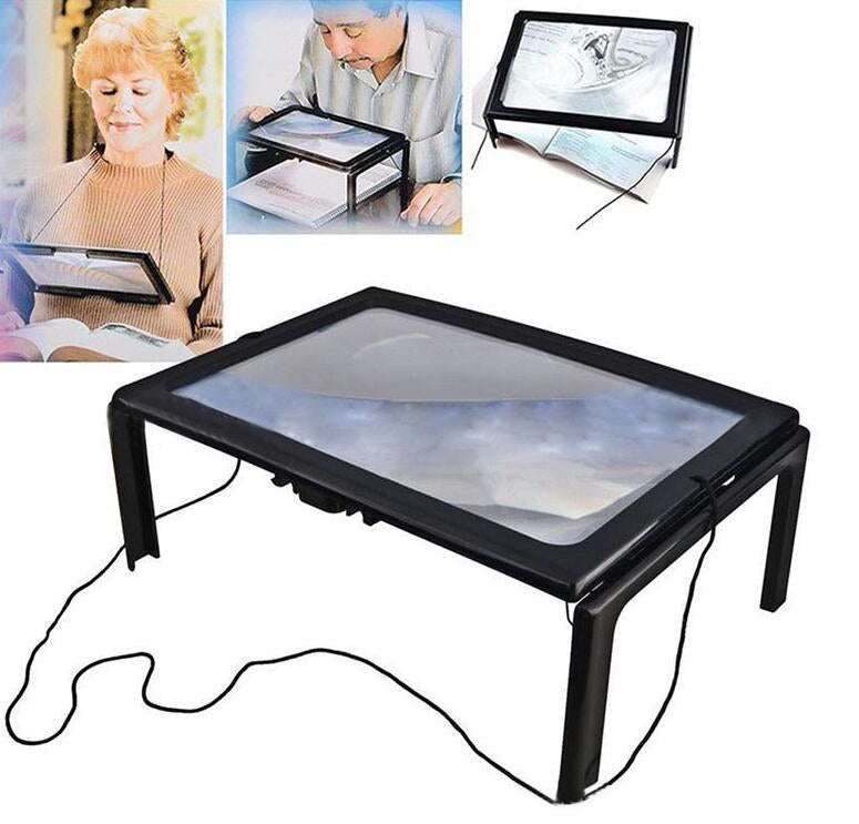 Verre de bureau grossissant avec 4 lumières LED Ultrafin A4 pleine page Grande loupe de lecture T