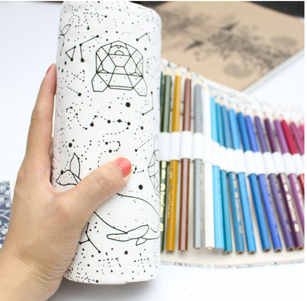 Trous Grande capacité Crayon cas école Toile Roll Pouch Crayons colorés Boîte Constellation