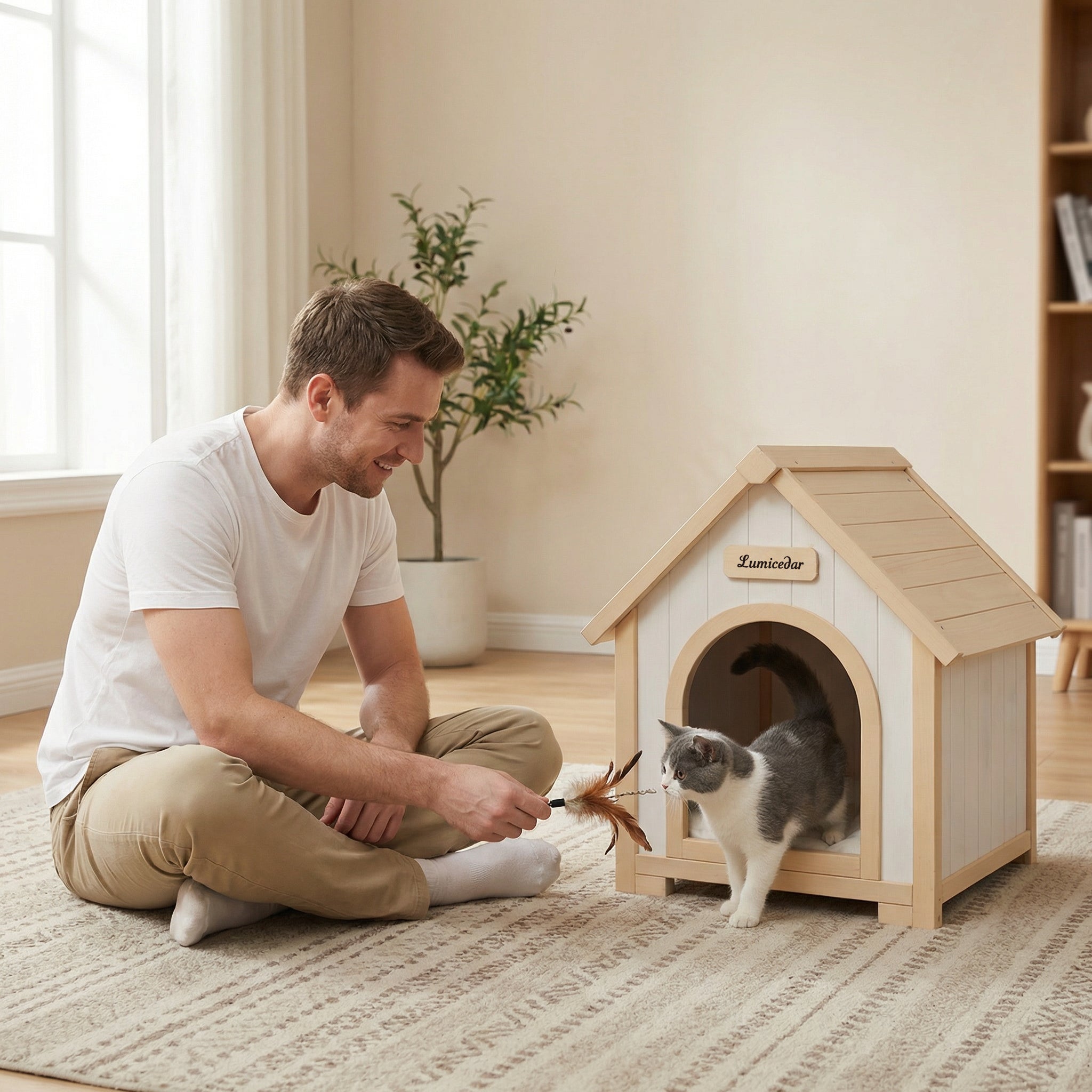 Maison de chien en bois moderne avec coussin EVA – Cèdre solide Pet House pour petits chiens & C