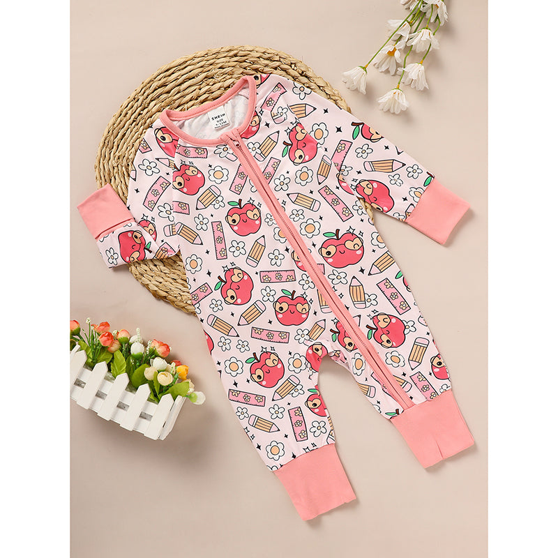 Adorable bébé Romper pour retour à l'école Apple et crayon imprimé longue manches combinaison de saut Outf