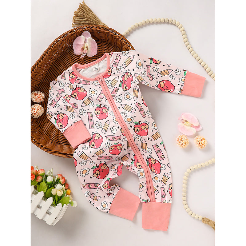 Adorable bébé Romper pour retour à l'école Apple et crayon imprimé longue manches combinaison de saut Outf