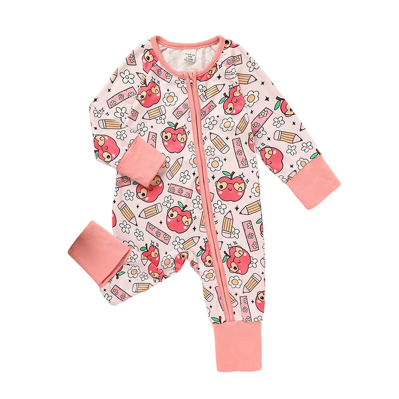 Adorable bébé Romper pour retour à l'école Apple et crayon imprimé longue manches combinaison de saut Outf