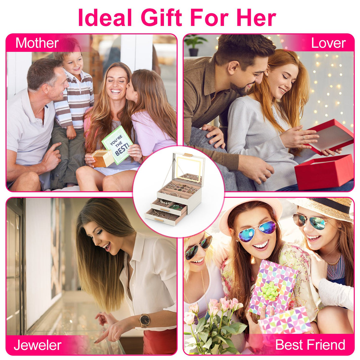 1 Set Boîte à bijoux avec miroir LED 3 plan Organisateur de bijoux avec 2 tiroirs PU
