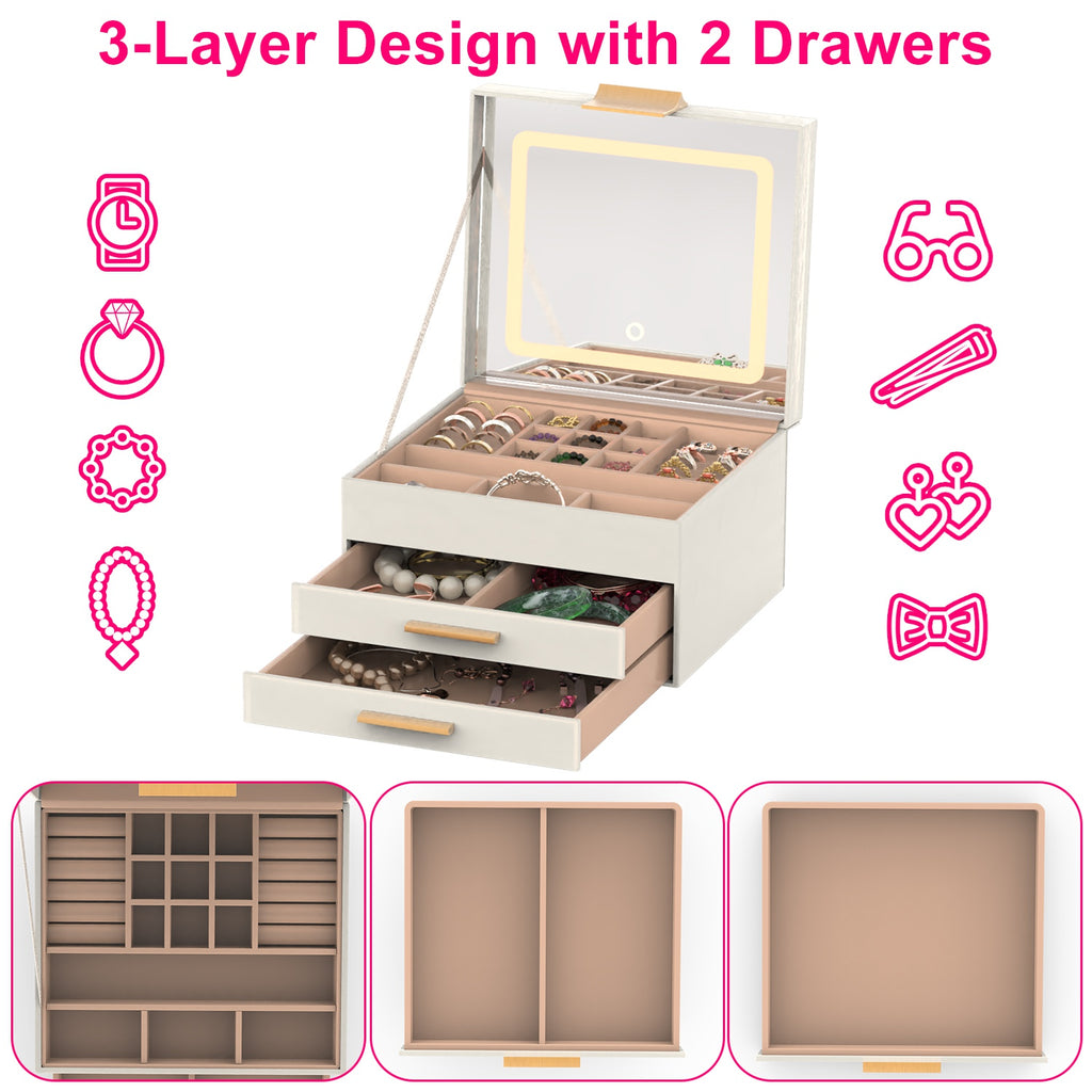 1 Set Boîte à bijoux avec miroir LED 3 plan Organisateur de bijoux avec 2 tiroirs PU