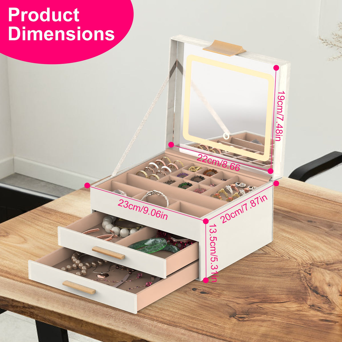 1 Set Boîte à bijoux avec miroir LED 3 plan Organisateur de bijoux avec 2 tiroirs PU