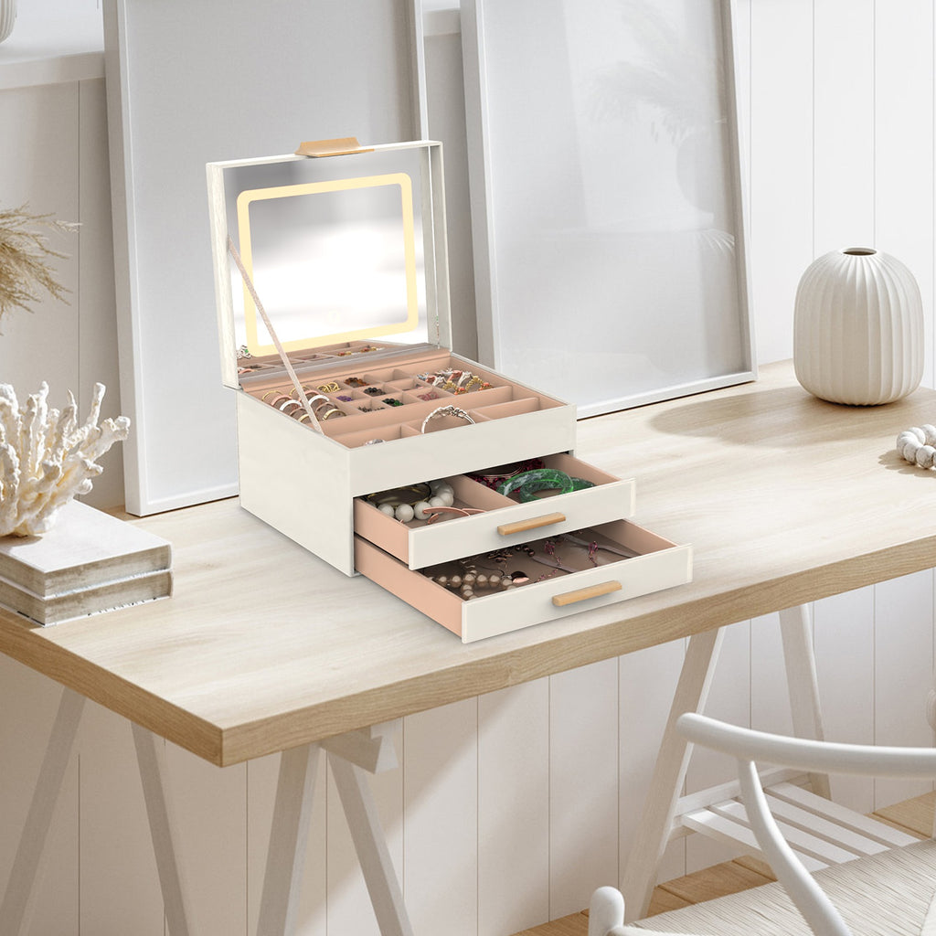 1 Set Boîte à bijoux avec miroir LED 3 plan Organisateur de bijoux avec 2 tiroirs PU