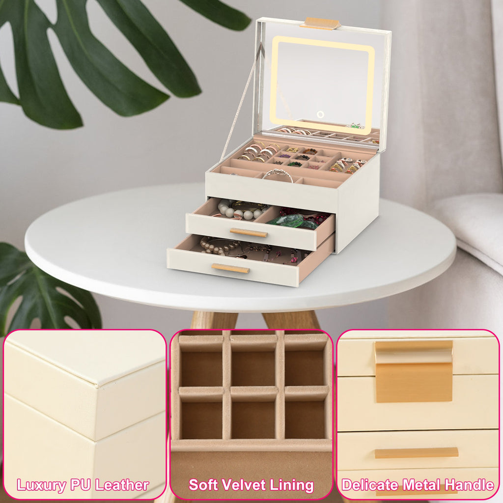 1 Set Boîte à bijoux avec miroir LED 3 plan Organisateur de bijoux avec 2 tiroirs PU