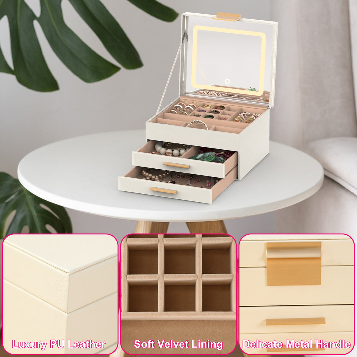 1 Set Boîte à bijoux avec miroir LED 3 plan Organisateur de bijoux avec 2 tiroirs PU