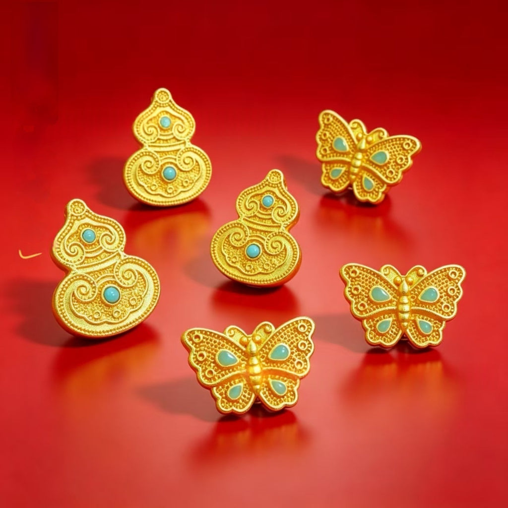 Alluvial Gold Filipree incrusté de papillon turquoise et de perles longues en forme de gouard