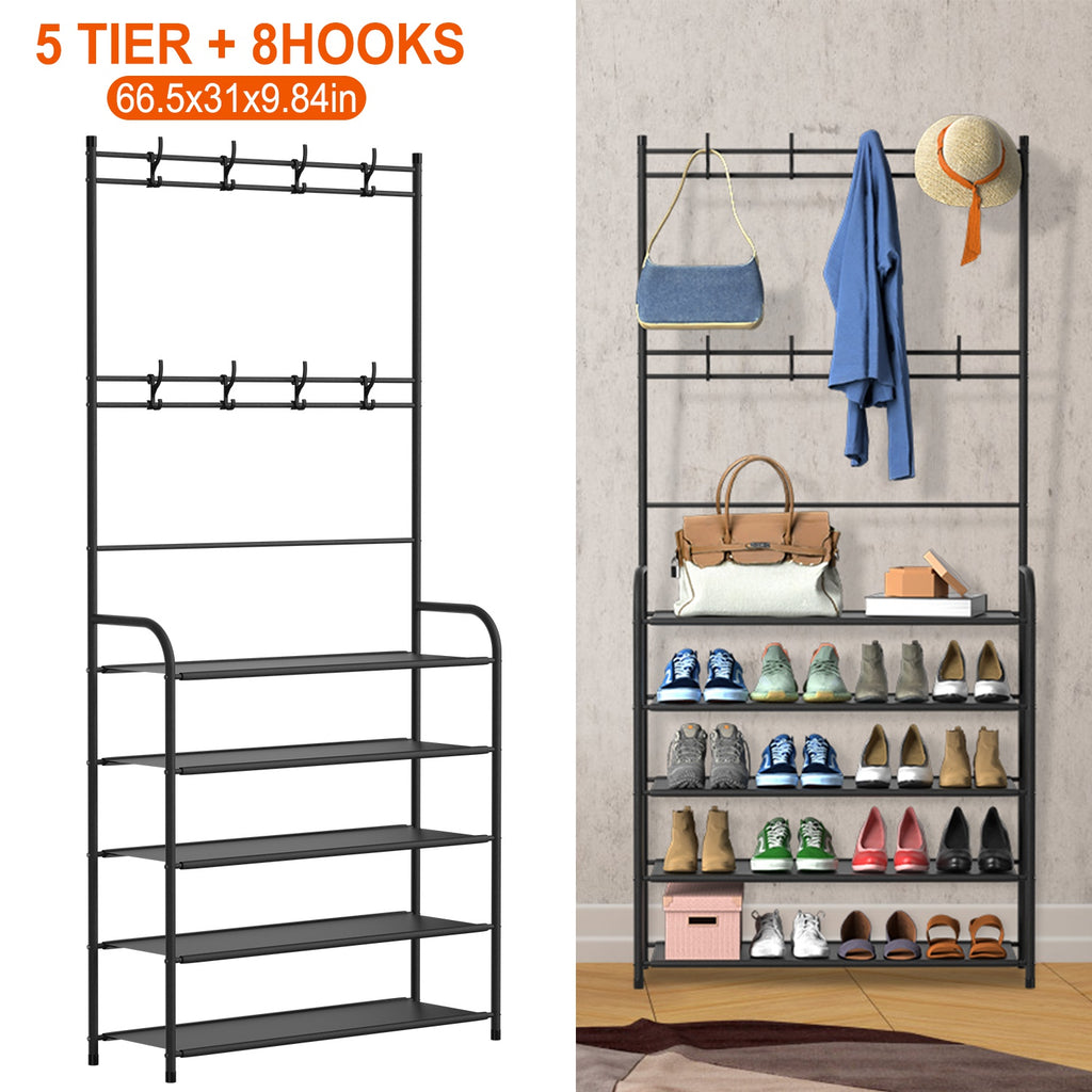 Chapeau d'entrée Chapeau étagère de stockage de chaussures 5 Tier Rack de chaussures Garment d'arbre de hall autonome