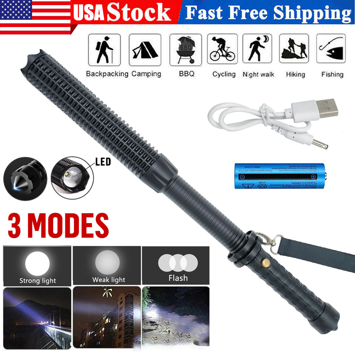 LED Baseball Bat Flashlight Zoom Rechargeable Torch Spotlight Emergency Security Work Light 3