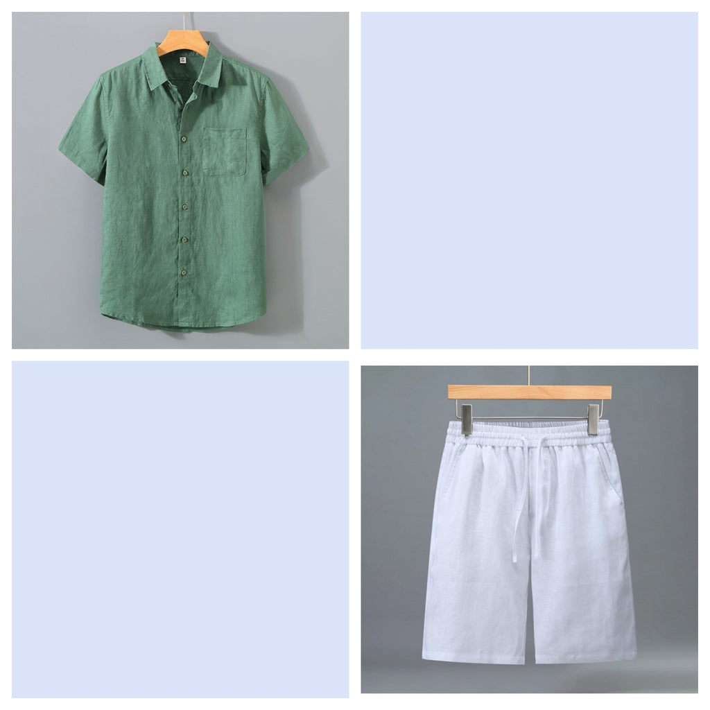 Short en lin pur pour homme et ensemble de chemises à manches courtes - Outfi léger décontracté d'été