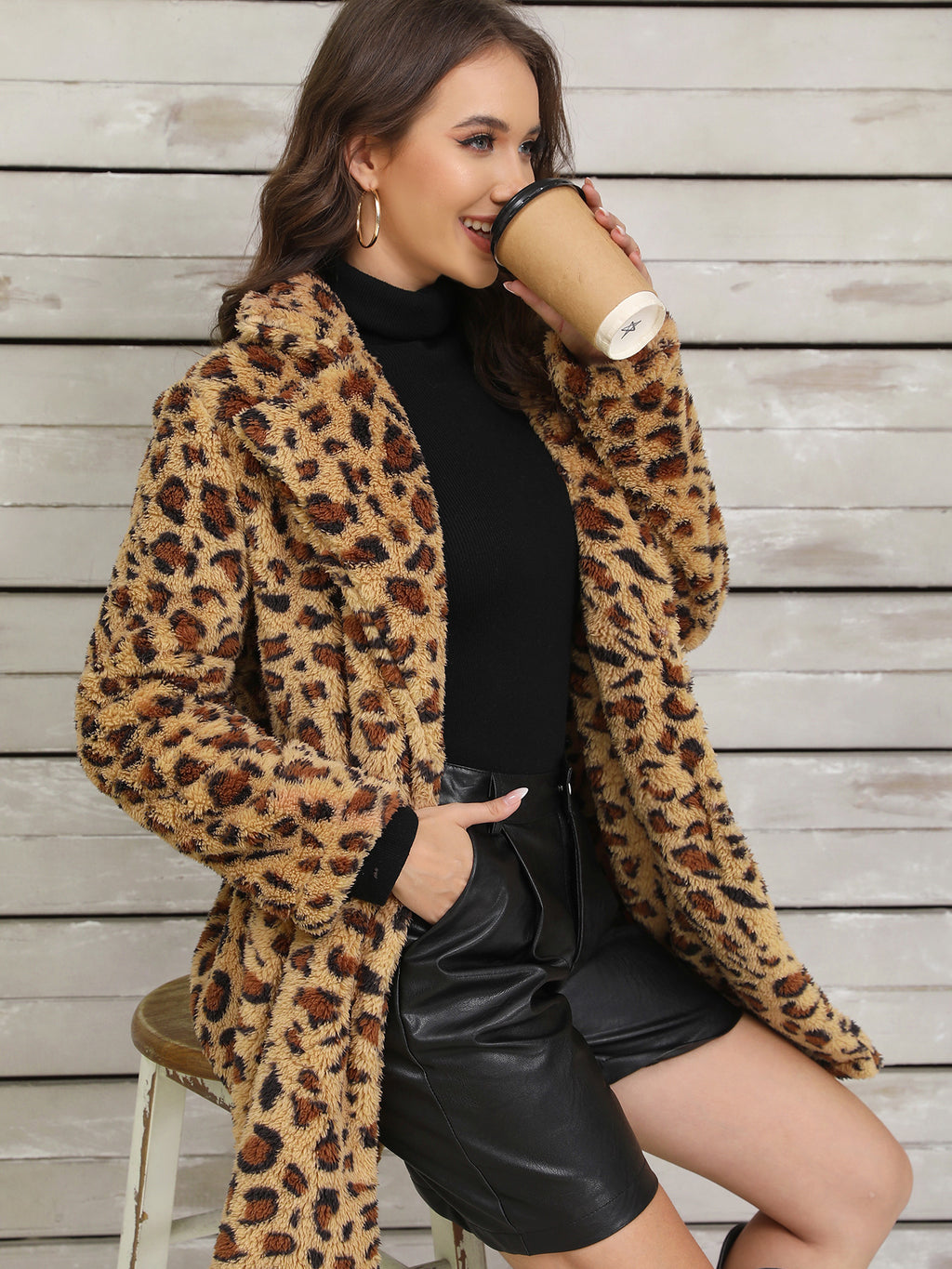 L'automne et l'hiver Rétro Versatile En peluche à manches longues Veste Ins Super populaire Leopard