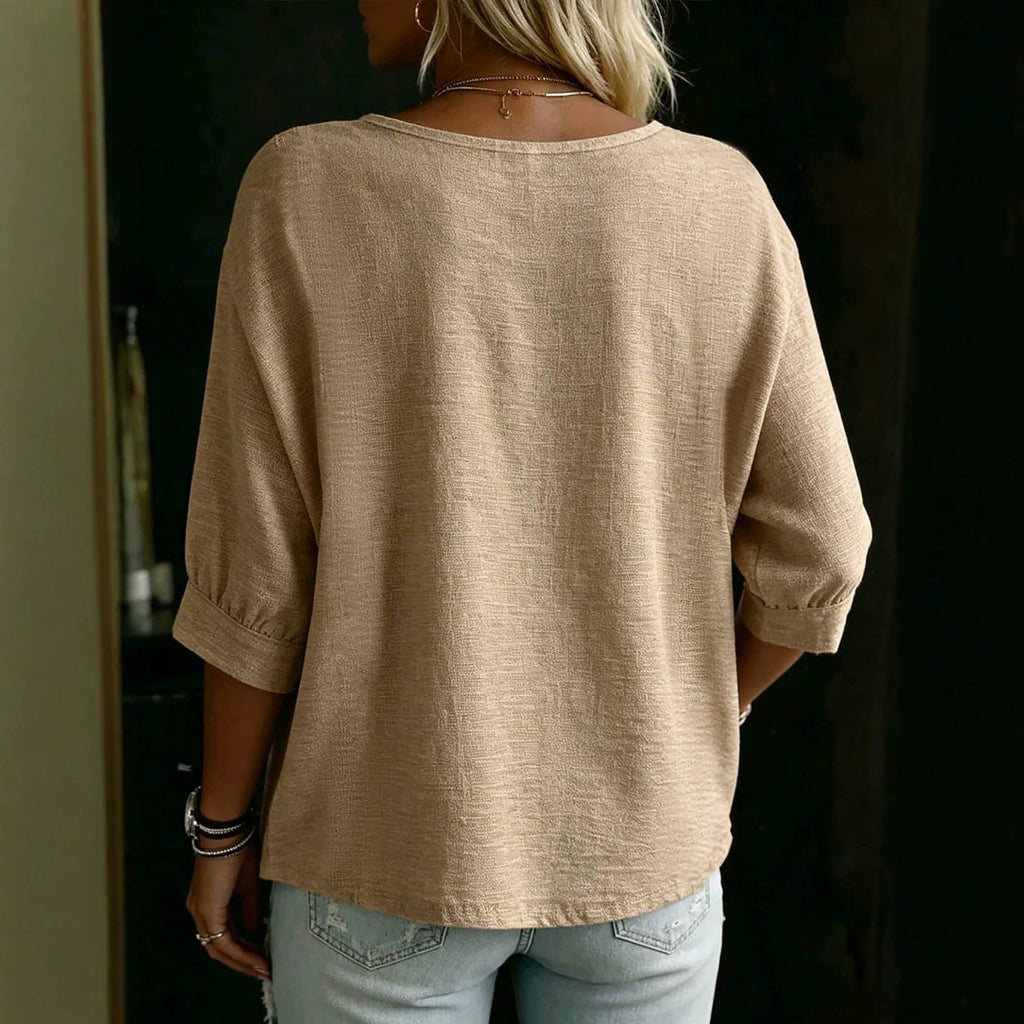 Col V brodé Blouse à trois quarts de manches pour femmes