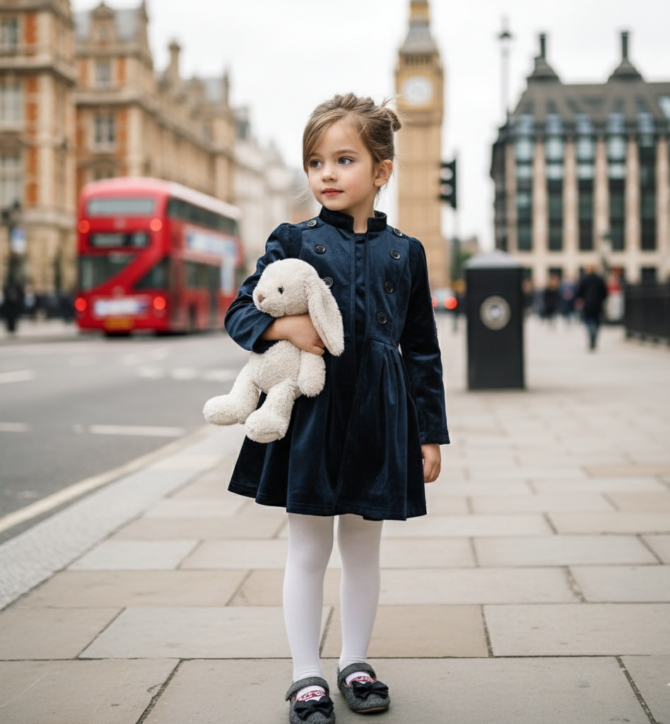 Robe de trench en velours bleu marine vintage fille 3-4-5 Y