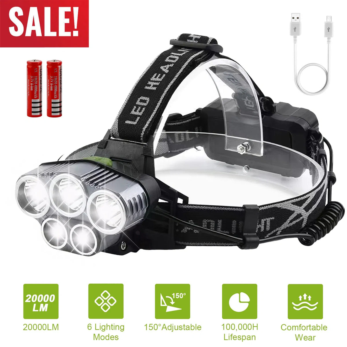Projecteur rechargeable 20000 Lumen LED phare 6 modes Projecteur de phare pour Camping Cy